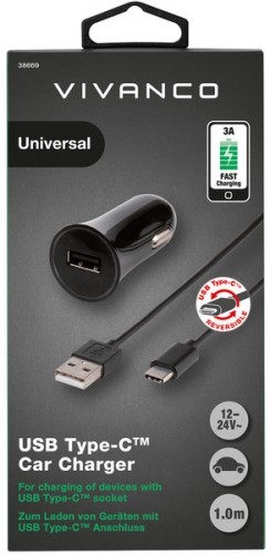 Зарядка в машину Vivanco USB-C 3A 1м, черная (38669) image 1