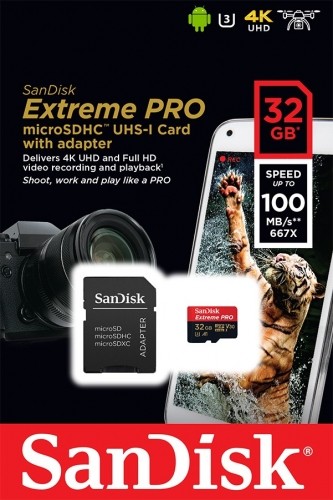 SanDisk atmiņas karte microSDHC 32GB Extreme Pro V30 A1 image 1