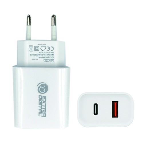 Extradigital Зарядное устройство, USB+ Type C: 220V, 3A,QC3.0 image 1