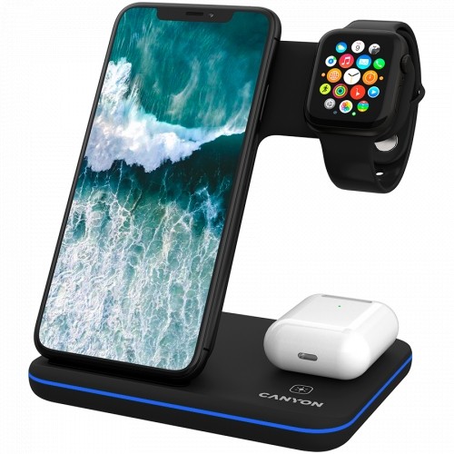 CANYON WS-303 3in1 Wireless charger, with touch button for Running water light, Input 9V/2A, 12V/2A, Output 15W/10W/7.5W/5W, Type c to USB-A cable length 1.2m, 137*103*140mm, 0.195Kg, Black image 1