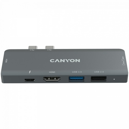 Canyon DS-05B Multiport Docking Station with 7 port, 1*Type C PD100W+2*HDMI+1*USB3.0+1*USB2.0+1*SD+1*TF. Input 100-240V, Output USB-C PD100W&USB-A 5V/1A, Aluminum alloy, Space gray, 104*42*11mm, 0.046kg(Generation B) image 1