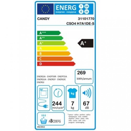 Candy Dryer Machine CSO4 H7A1DE-S Energy efficiency class A+, Front loading, 7 kg, Heat pump, Big Digit, Depth 46.5 cm, Wi-Fi, White image 1