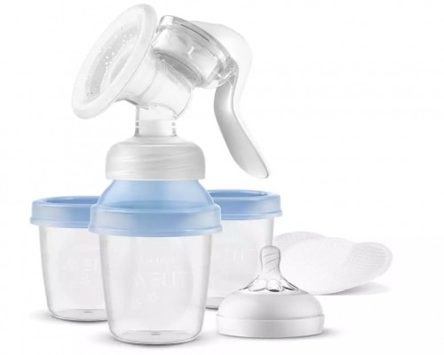 Philips Avent Lotus manuālais krūts piena sūknis ar trauciņiem piena/ēdiena uzglabāšanai (3 gab., + adapteris) - SCF430/13 image 1