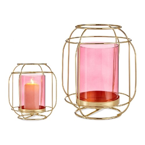 Candleholder Pink Golden Lantern Metal Glass (19 x 20 x 19 cm) image 1