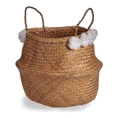 Basket White Brown Natural Rushes Pompoms 8 L 32 x 30 x 32 cm image 1