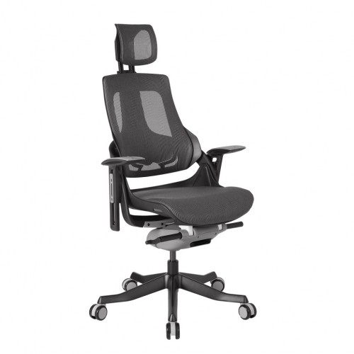 Darba krēsls WAU ar galvas balstu 65x49xH112-129cm, sēdeklis: audums, krāsa: pelēka, korpuss: melns image 1