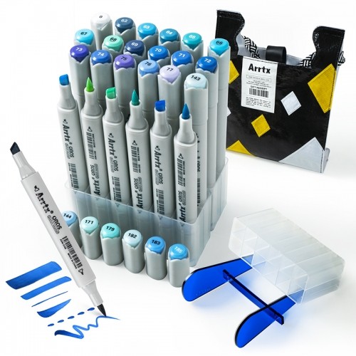Double-sided Marker Pens ARRTX Oros, 24 Colours, blue tone shade image 1
