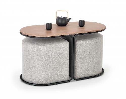 Halmar PAMPA, coffee table with pouffes, top: walnut, legs: black, pouffe: grey image 1