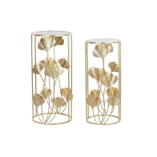 Set of 2 small tables DKD Home Decor Crystal Golden Metal Tropical Leaf of a plant (35 x 35 x 75 cm) (2 pcs) image 1