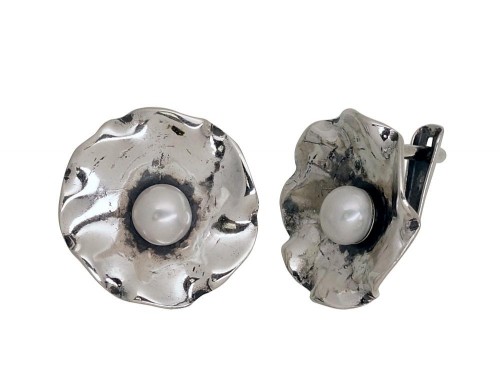 Серебряные серьги на английском замке #2203543(POx-Bk)_PE, Серебро	925°, оксид (покрытие), Жемчуг , 4.6 гр. image 1