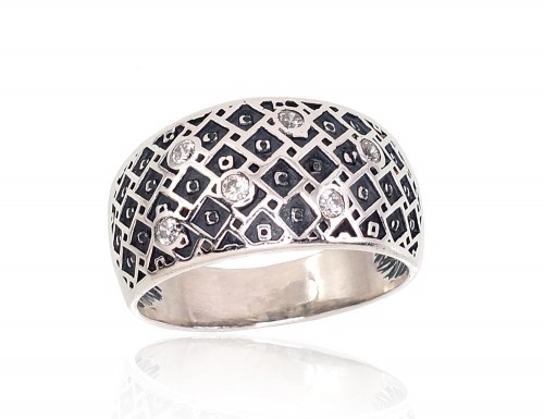 Серебряное кольцо #2101683(POx-Bk)_CZ, Серебро	925°, оксид (покрытие), Цирконы , Размер: 18, 5.7 гр. image 1