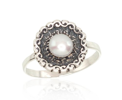 Серебряное кольцо #2101204(POx-Bk)_PE, Серебро	925°, оксид (покрытие), Жемчуг , Размер: 17.5, 2.2 гр. image 1