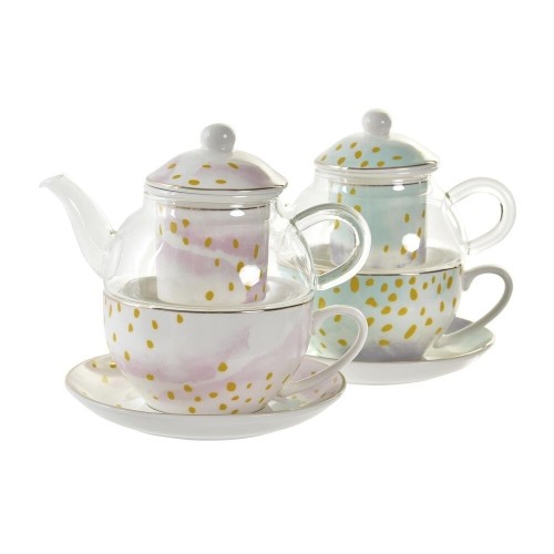 Teapot DKD Home Decor Crystal Porcelain Pink Transparent White Green (2 Units) image 1