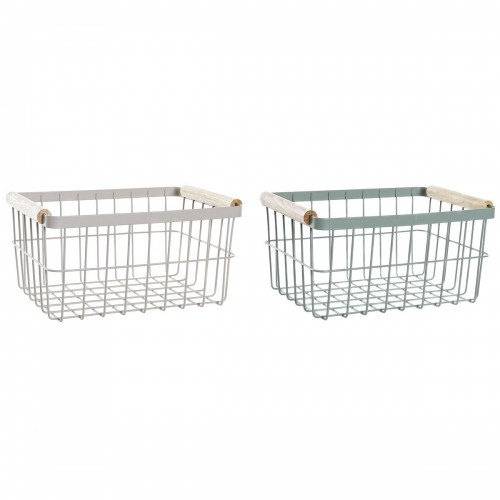 Wire Basket DKD Home Decor Green Beige Metal Pinewood Vintage 30,5 x 20 x 14,5 cm (2 Units) image 1