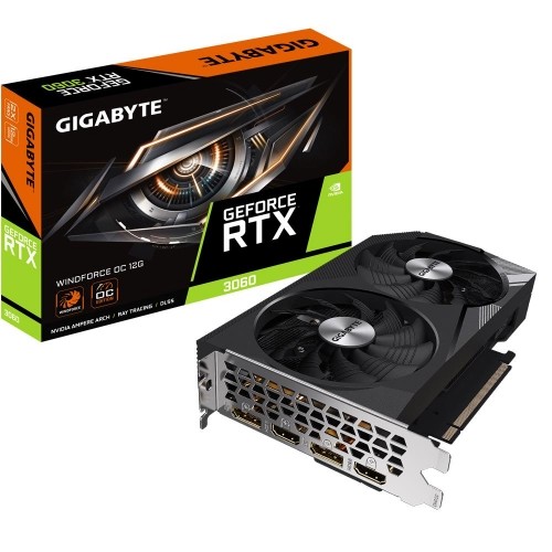 Graphics Card|GIGABYTE|NVIDIA GeForce RTX 3060|12 GB|GDDR6|192 bit|PCIE 4.0 16x|Memory 15000 MHz|GPU 1792 MHz|2xHDMI|2xDisplayPort|GV-N3060WF2OC-12GD image 1