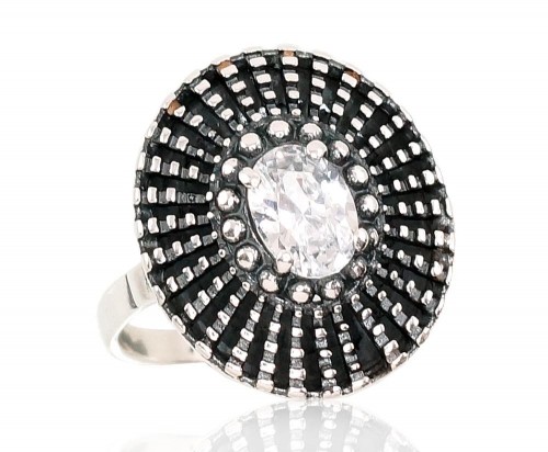 Серебряное кольцо #2101412(POx-Bk)_CZ, Серебро 925°, оксид (покрытие), Цирконы, Размер: 18, 4.1 гр. image 1