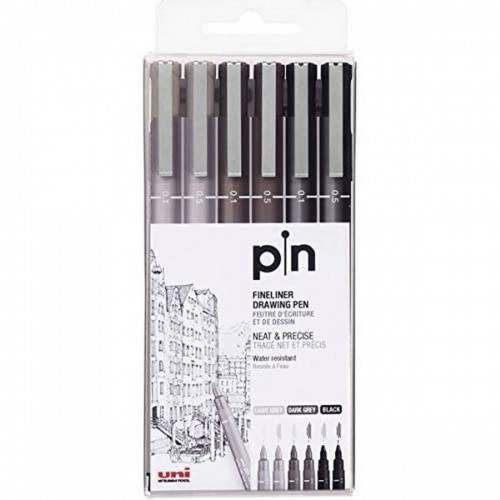 Permanent marker Uni-Ball PIN-200(S) Black Grey Multicolour 6 Pieces image 1