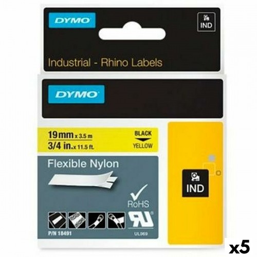 Laminated Tape for Labelling Machines Rhino Dymo ID1-19 19 x 3,5 mm Black Yellow Self-adhesives (5 Units) image 1