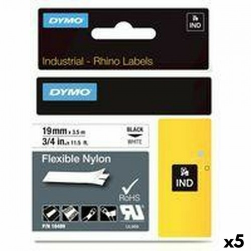 Laminated Tape for Labelling Machines Rhino Dymo ID1-19 19 x 3,5 mm Black White Self-adhesives (5 Units) image 1
