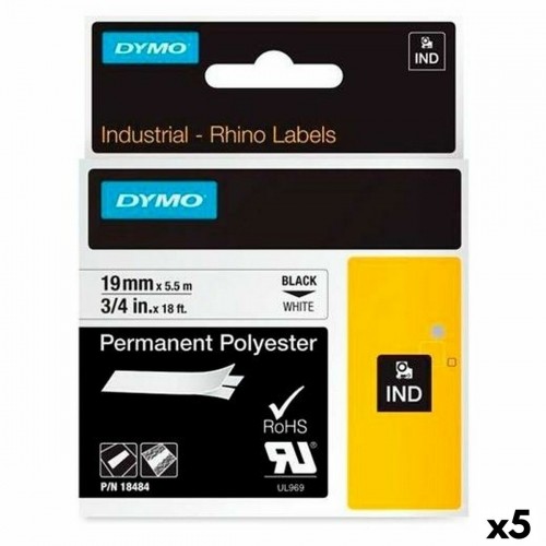 Laminated Tape for Labelling Machines Rhino Dymo ID1-19 19 x 5,5 mm Black Polyester White Self-adhesives (5 Units) image 1