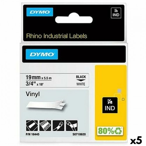 Laminated Tape for Labelling Machines Rhino Dymo ID1-19 19 x 5,5 mm Black White Stick Self-adhesives (5 Units) image 1