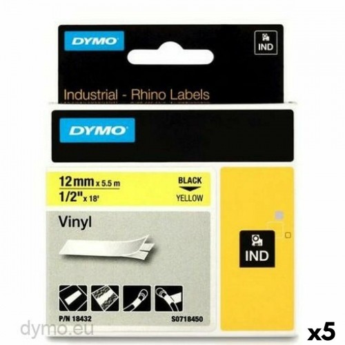 Laminated Tape for Labelling Machines Rhino Dymo ID1-12 12 x 5,5 mm Black Yellow Stick Self-adhesives (5 Units) image 1