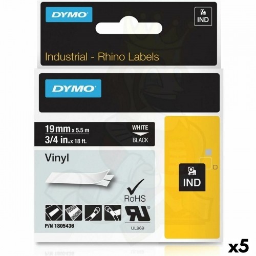 Laminated Tape for Labelling Machines Rhino Dymo ID1-19 19 x 5,5 mm Black Polyester White Self-adhesives (5 Units) image 1