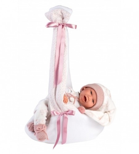 Llorens Кукла младенец Мими 42 см (переноска с аистом, смеется, говорит, с соской, мягкое тело) Испания LL74006 image 1