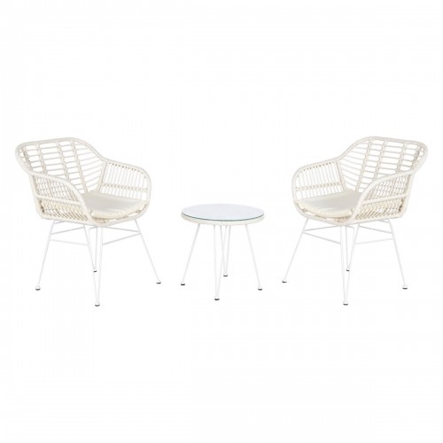 Galda komplekts ar 2 krēsliem DKD Home Decor 56 x 57,5 x 82 cm Stikls Metāls sintētiska rotangpalma Balts image 1