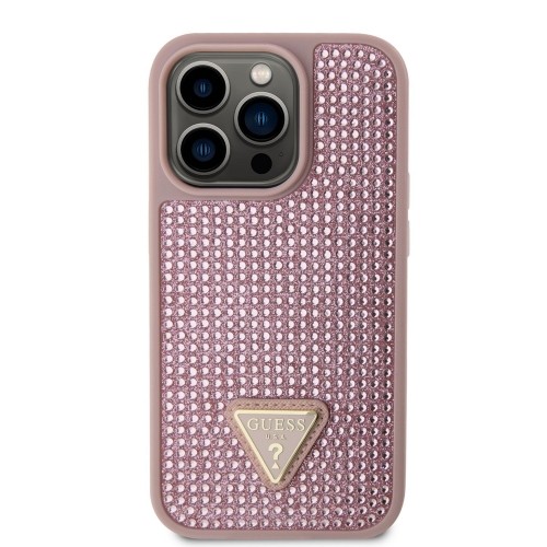 Guess Rhinestones Triangle Metal Logo Case for iPhone 14 Pro Pink image 1