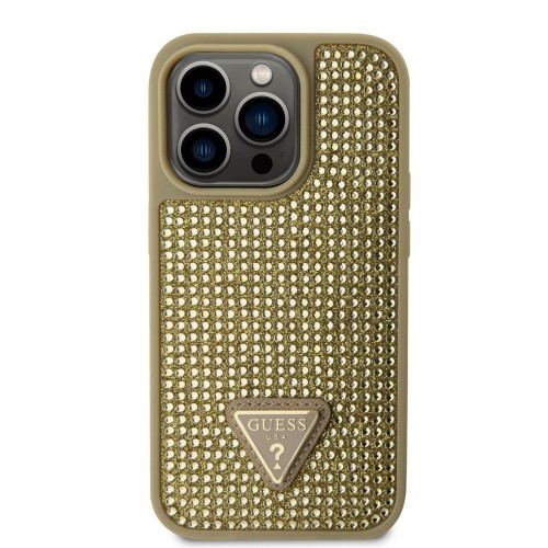 Guess Rhinestones Triangle Metal Logo Case for iPhone 14 Pro Gold image 1