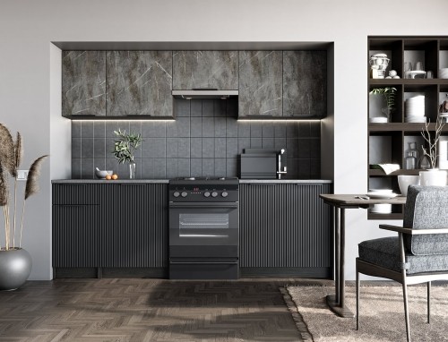 Halmar TAMARA 240 kitchen set, color: front - grey marble / black, body – carbon wood, worktop – grey image 1