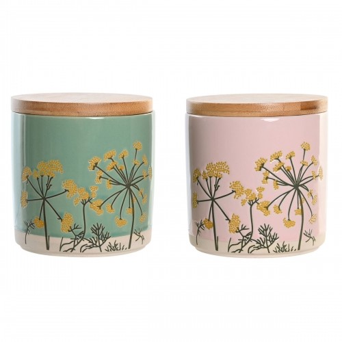Tin DKD Home Decor 11,5 x 11,5 x 12 cm Floral Pink Green Bamboo Stoneware Shabby Chic (2 Units) image 1