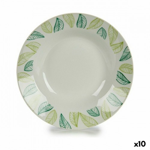 Deep Plate White Green Ø 20,6 cm Sheets Porcelain (10Units) image 1