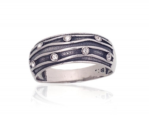 Серебряное кольцо #2101835(POx-Bk)_CZ, Серебро 925°, оксид (покрытие), Цирконы, Размер: 17.5, 2.7 гр. image 1