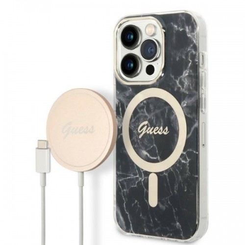 Zestaw Guess GUBPP14XHMEACSK Case+ Charger iPhone 14 Pro Max 6,7" czarny|black hard case Marble MagSafe image 1