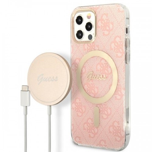 Zestaw Guess GUBPP12MH4EACSP Case+ Charger iPhone 12|12 Pro różowy|pink hard case 4G Print MagSafe image 1