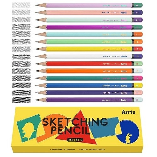 Drawing Sketch Pencil Set ARRTX, 4H, 3H, 2H, H, F, HB, B, 2B, 3B, 4B, 5B, 6B, 7B, 8B, 14pcs image 1