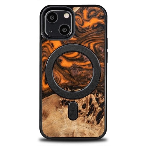 Wood and Resin Case for iPhone 13 Mini MagSafe Bewood Unique Orange - Orange and Black image 1