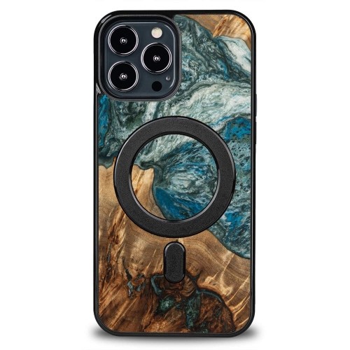Wood and Resin Case for iPhone 13 Pro Max MagSafe Bewood Unique Planet Earth - Blue Green image 1