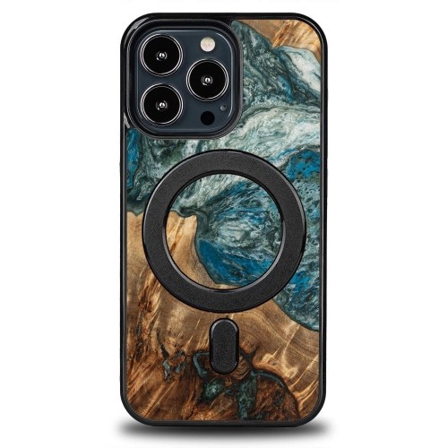 Wood and Resin Case for iPhone 13 Pro MagSafe Bewood Unique Planet Earth - Blue-Green image 1