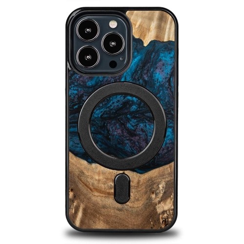 Wood and Resin Case for iPhone 13 Pro MagSafe Bewood Unique Neptune - Navy Blue and Black image 1