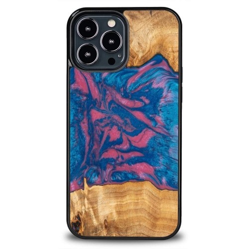 Wood and Resin Case for iPhone 13 Pro Max Bewood Unique Vegas - Pink and Blue image 1