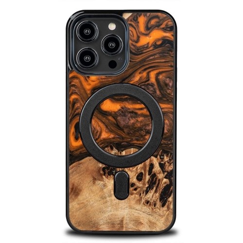 Wood and Resin Case for iPhone 14 Pro Max MagSafe Bewood Unique Orange - Orange and Black image 1