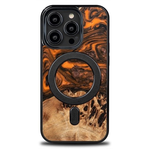 Wood and Resin Case for iPhone 14 Pro MagSafe Bewood Unique Orange - Orange and Black image 1