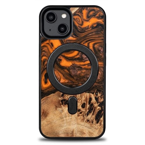 Wood and Resin Case for iPhone 14 MagSafe Bewood Unique Orange - Orange and Black image 1