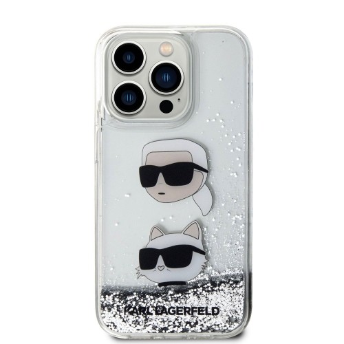 Karl Lagerfeld Liquid Glitter Karl and Choupette Head Case for iPhone 15 Pro Silver image 1