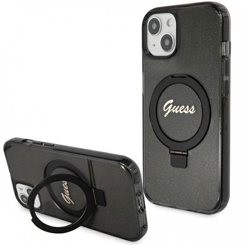 Guess GUHMP15MHRSGSK iPhone 15 Plus 6.7" czarny|black hardcase Ring Stand Script Glitter MagSafe image 1