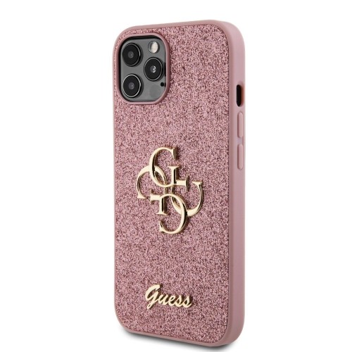 Guess PU Fixed Glitter 4G Metal Logo Case for iPhone 12|12 Pro Pink image 1