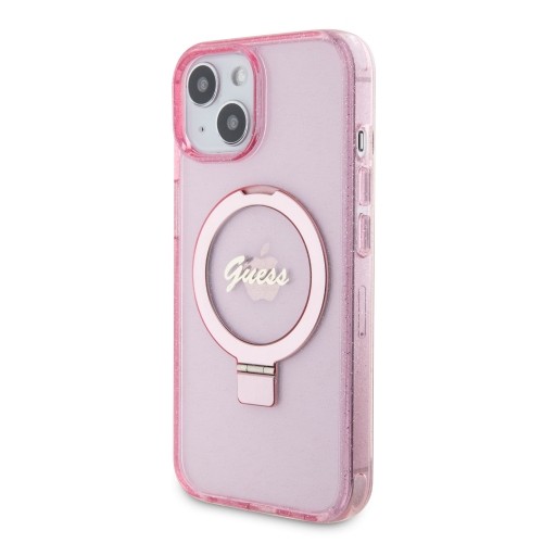 Guess IML Ring Stand Glitter MagSafe Case for iPhone 15 Pink image 1